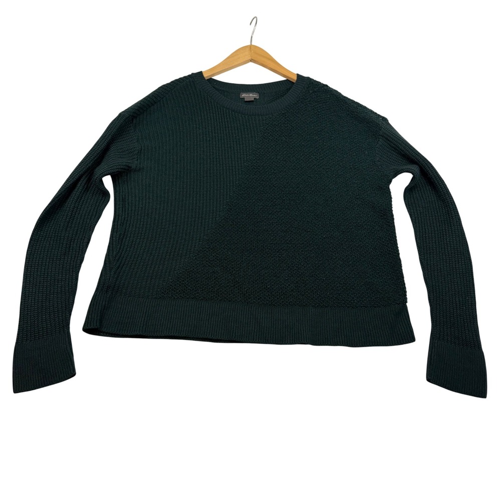 Eddie Bauer Womens L Forest Green Mixed Stitch Textured Crew Neck Sweater Knit